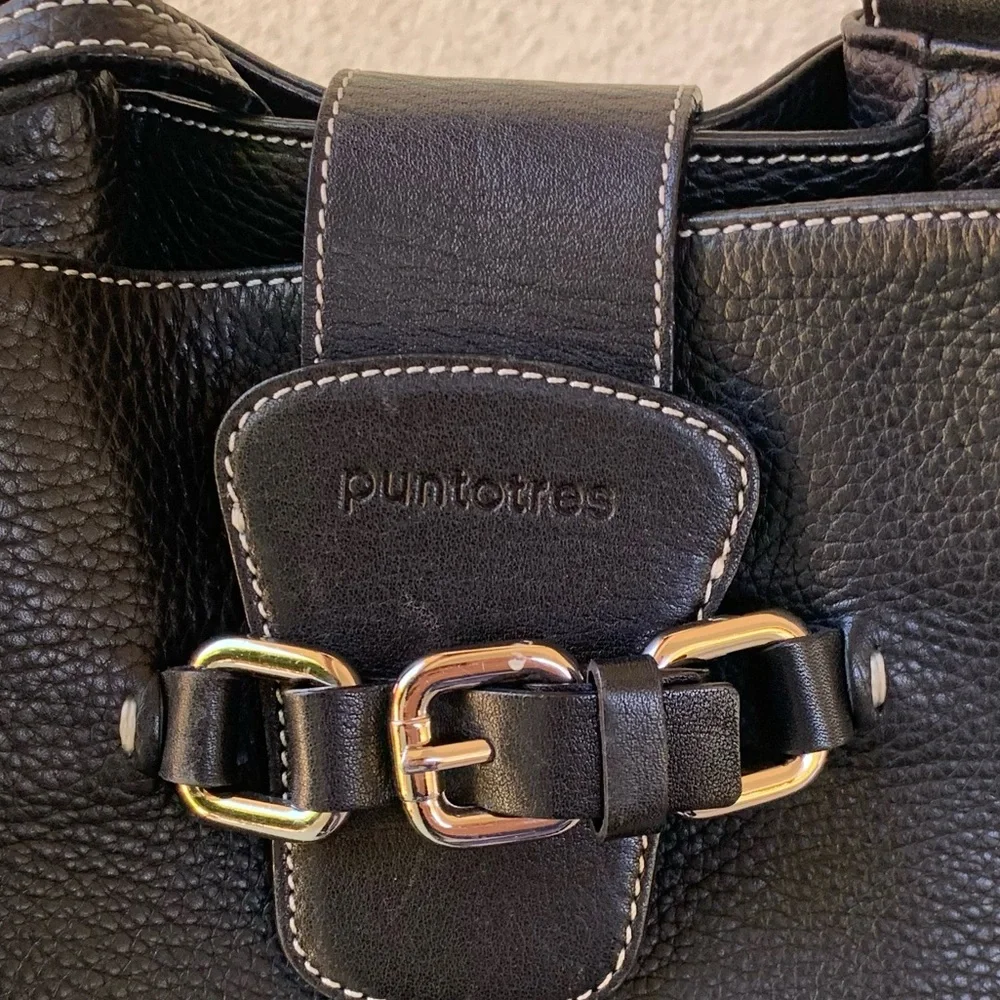 Puntotres Black Pebbled Leather Crossbody Satchel Bucket Handbag Made in Spain